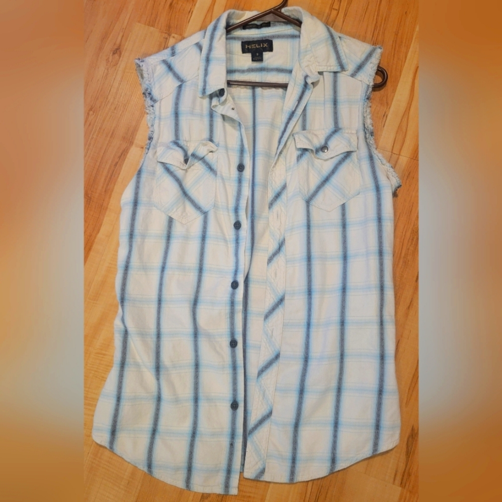Mens Blue and White Sleeveless Button Down Shirt
